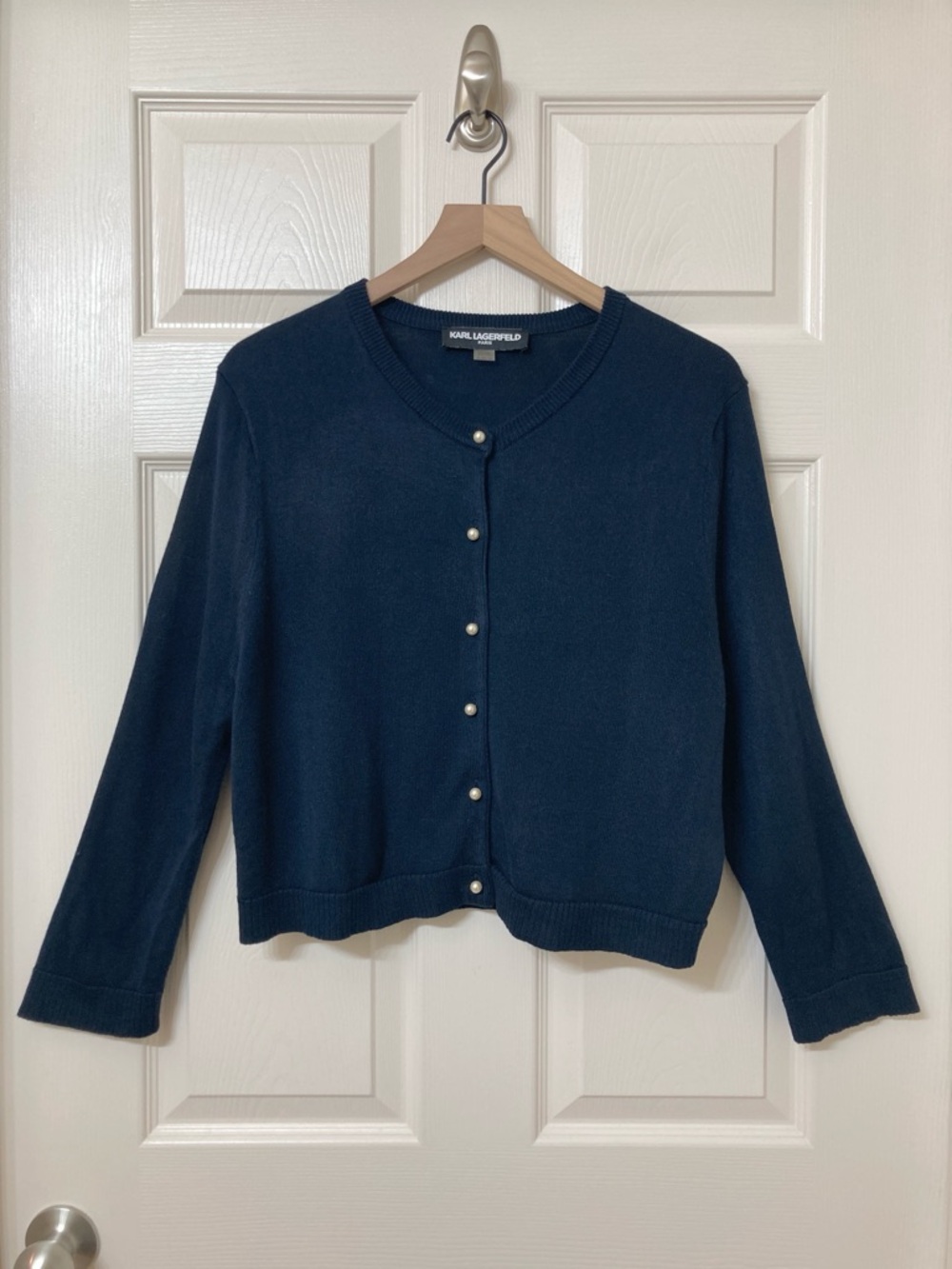Karl Lagerfeld Women's Navy Blue Crew Neck Pearl Button Cropped Cardigan Size XL